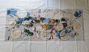 Daniel Spoerri - Gastronomischer Tagebuch - Zeefdruk op textiel - Genummerd en gesigneerd kopen? Bied vanaf 650!