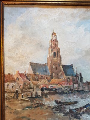 Niet of onleesbaar gesigneerd - Stadshaven te Maassluis. Zie achterzijde naam vd schilder. kopen? Bied vanaf 10!