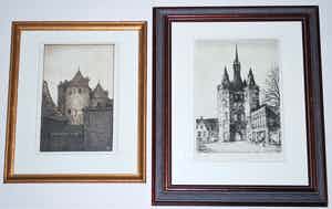 Marius Johannes Janssen - 2 etsen: Sassenpoort Zwolle-+-Gevangenpoort Bergen op Zoom (onbek.monogram) verkocht voor € 45!