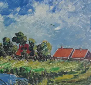 Jan Dekker - Kleurrijk landschap met dorphe aan water kopen? Bied vanaf 75!
