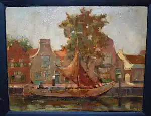 Arend van de Pol - aangemeerde botter - olieverfschilderij 1935 verkauft für € 175!