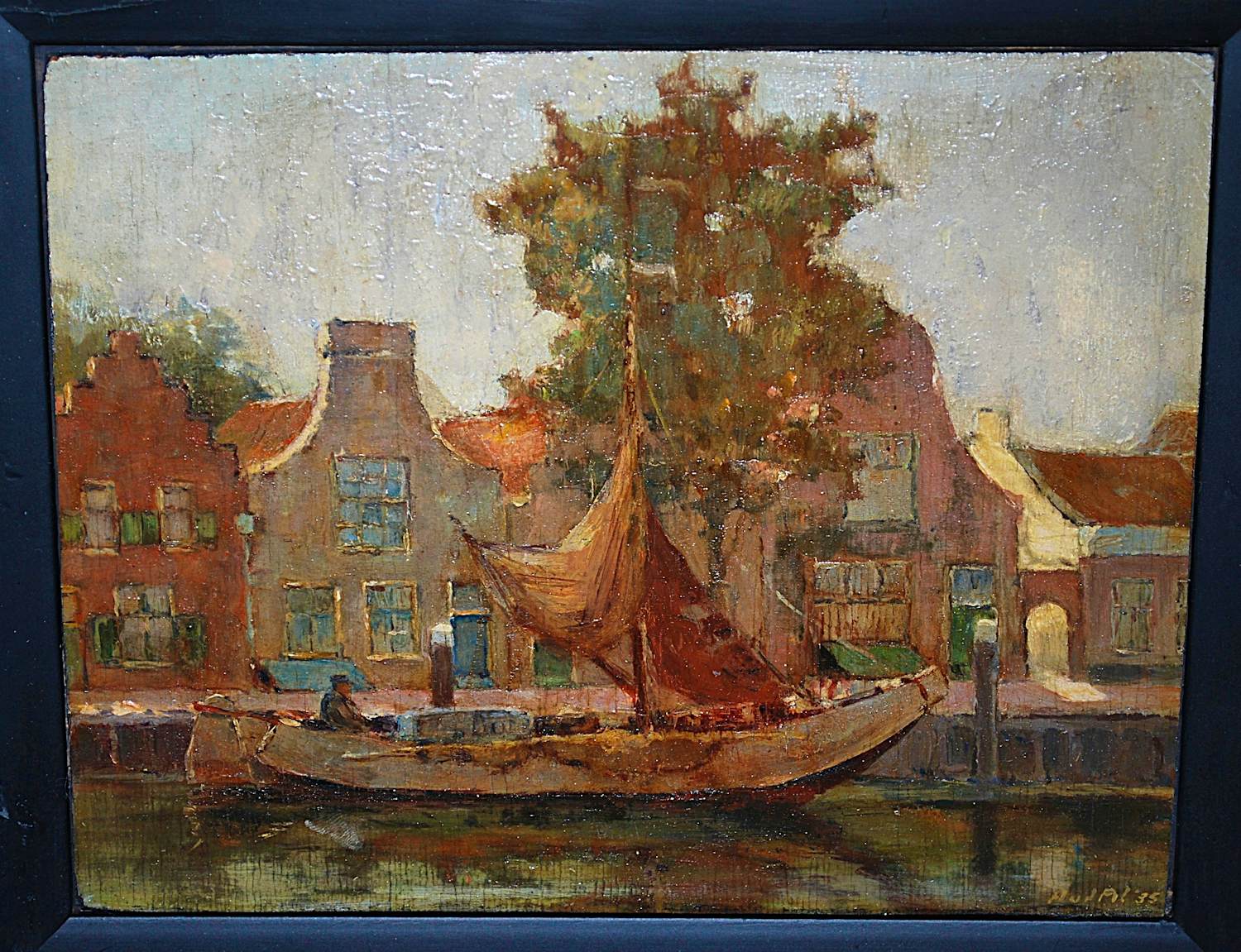 Arend van de Pol - afgemeerd zeilschip - olieverfschilderij 1935 kopen? Bied vanaf 175!