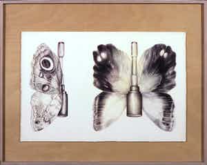 Lin de Mol - Pentekening, Book of determination, plate 3, butterfly grenade - Ingelijst verkocht voor € 100!