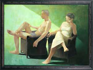 Rudolf Hagenaar - Olieverf op paneel, Twee zittende figuren - Ingelijst verkocht voor € 500!