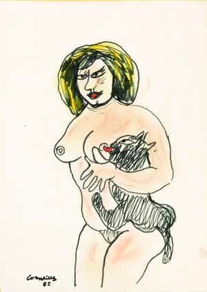 Corneille - Viltstift- en pasteltekening op papier, Femme et chat noir (met fotocertificaat) verkocht voor € 650!