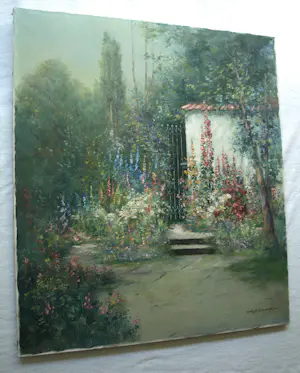 Friedrich Adolf Apfelbaum - Olieverf op doek , Romantische Tuin – 80 x 70 cm – ca. 1950 kopen? Bied vanaf 100!