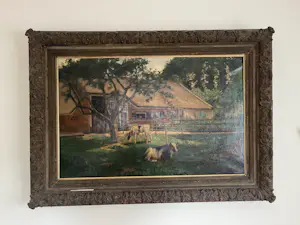 Anna Maria Stork-Kruijff - Gezicht op boerderij, op de voorgrond 2 kalfjes bij boom kopen? Bied vanaf 400!