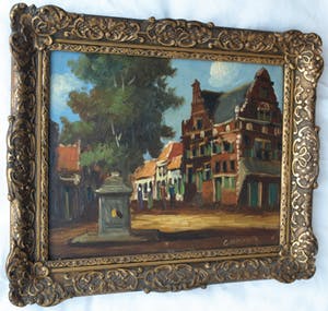 Niet of onleesbaar gesigneerd - Olieverf op paneel , Dorpsplein – gesigneerd & ingelijst - oud kopen? Bied vanaf 1!