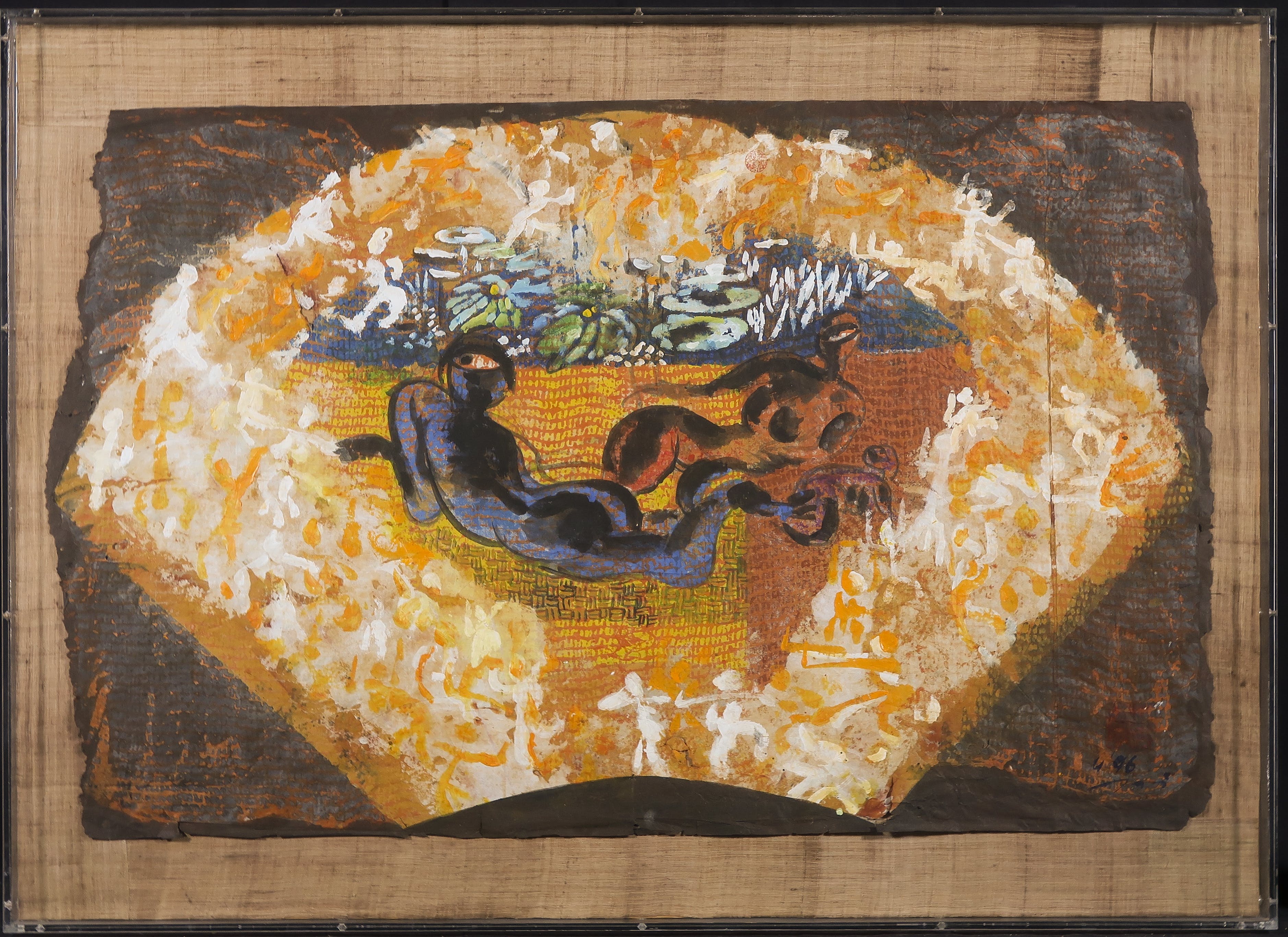 Niet of onleesbaar gesigneerd - Gouache op geschept papier, Twee figuren - Ingelijst verkocht voor € 1!