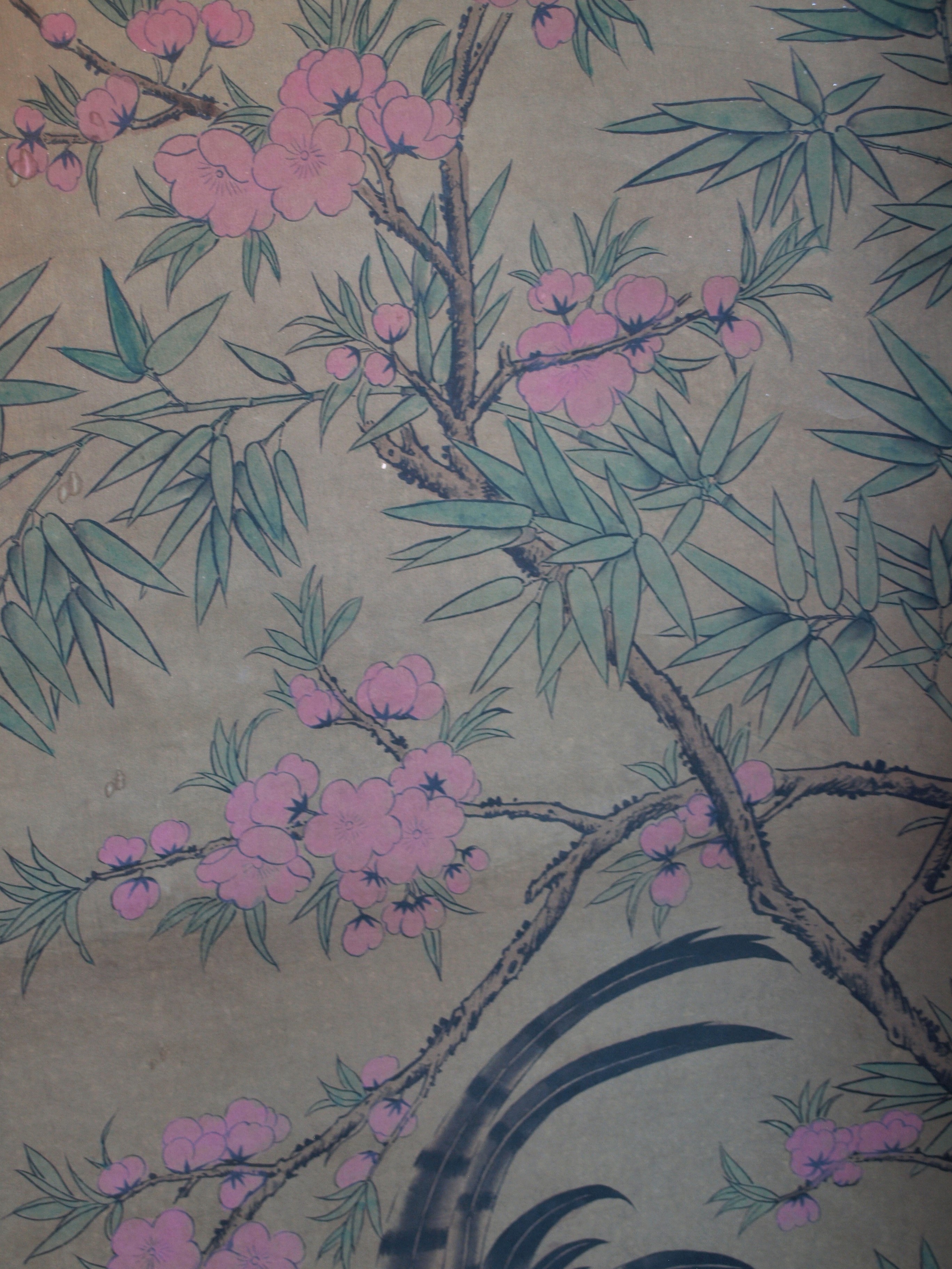 Niet of onleesbaar gesigneerd - Haan en Bloesem - Aquarelverf en inkt op papier, opgerold op houten stok kopen? Bied vanaf 1!