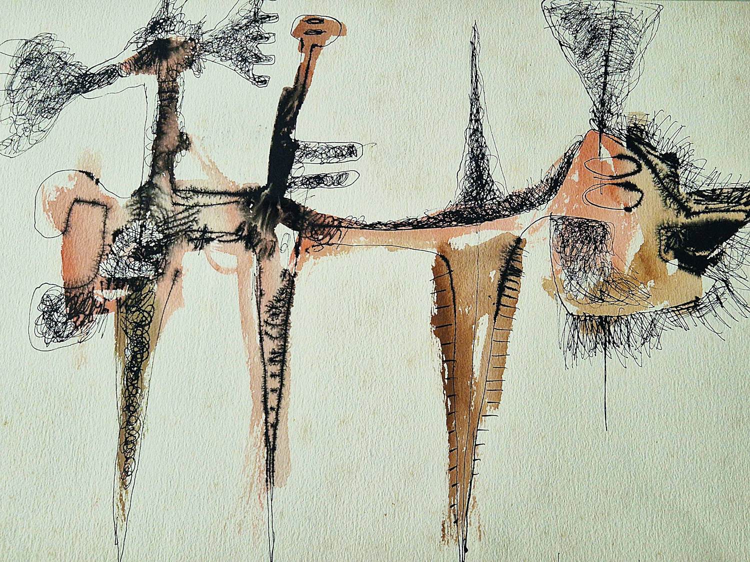 Hannes Postma - Bijzondere 1958 zalmroze gemengde techniek (o.a. ecoline) "Poes" gesigneerd verkocht voor € 78!