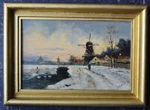 Niet of onleesbaar gesigneerd - Hollands winterlandschap - Gesigneerd - Olieverf op paneel verkocht voor € 10!