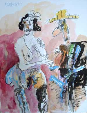 Anton Martineau - COWBOY EN ZIJN MODEL Tekening/Gouache met pastelkrijt verkocht voor € 275!