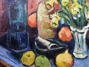 Matthieu Wiegman - Bloemenstilleven met fles en fruit - Bergense School kopen? Bied vanaf 450!