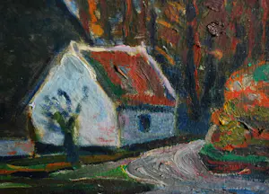 Hein van Schuppen - Boerderijen in de herfst (Veluwe/Gelderland) - expressionistisch schilderij kopen? Bied vanaf 125!