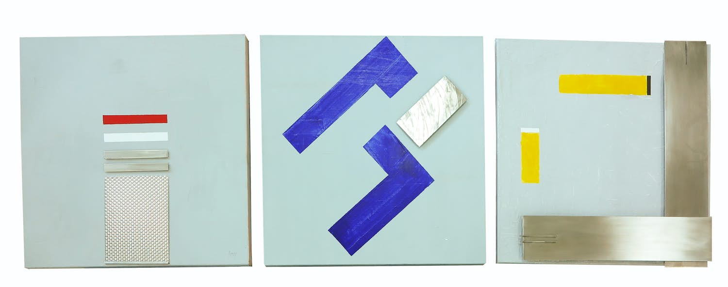 Menno Meijer - Lot van drie 3d-geometrisch-abstracte werken in gemengde techniek (verf, metaal) verkocht voor € 50!