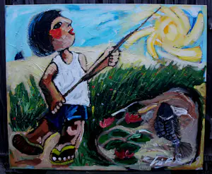 John Lie a Fo - Olieverf op doek: Go fishing - 1999 kopen? Bied vanaf 575!