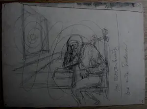 Ton van Tast - Potloodtekening: Een muzikant, die voor de spiegel staat met eremedaille kopen? Bied vanaf 75!