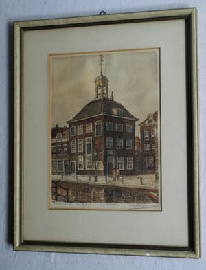 Marius Johannes Janssen - Ingelijste en ingekleurde ets , Zakkendragershuisje Schiedam – ca. 1950 kopen? Bied vanaf 35!