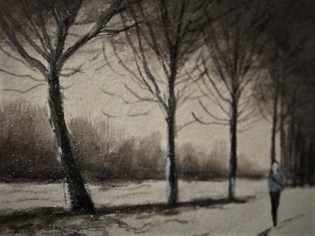 Niet of onleesbaar gesigneerd - Sfeervol Aquarel "Wandelaar in Hollands winterlandschap"  kopen? Bied vanaf 1!