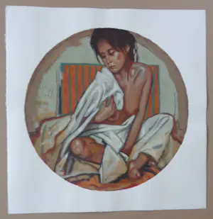 Nico Vrielink - HALFNAAKTE ZITTENDE VROUW / KLEURZEEFDRUK / 62x61cm / SIG kopen? Bied vanaf 35!