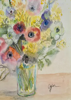 Marie Louise Ogier - Anemonen und Mimosen – großes, hochwertiges Ölgemälde kopen? Bied vanaf 150!
