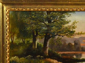 Niet of onleesbaar gesigneerd - (19-20e eeuws)- landschap-"Rivier oever bij zonsondergang"- olieverf op doek. kopen? Bied vanaf 10!