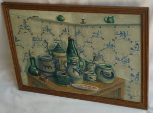 Niet of onleesbaar gesigneerd - Ingelijst, olieverf op board , stilleven “Aardewerk met bierpullen” kopen? Bied vanaf 1!