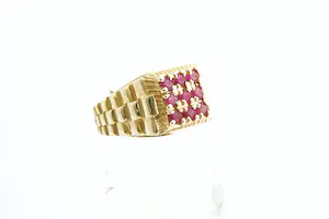 55- Retro 18Krt gouden unisex zg. Carré ring met 9 rode stenen - gekeurd kopen? Bied vanaf 370!