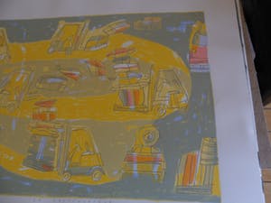 Heleen de Jong - Zeefdruk. Titel, "Race van de heftrucks". kopen? Bied vanaf 20!