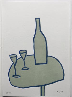 Klaas Gubbels - linosnede ‘Tafel met fles en glazen’ uit 1998 - oplage 125. kopen? Bied vanaf 195!