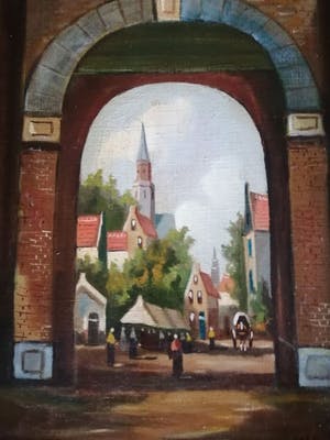 Niet of onleesbaar gesigneerd - Middeleeuwse Stadspoort Amsterdam met figuren - handgesigneerd: T. Guth? kopen? Bied vanaf 1!