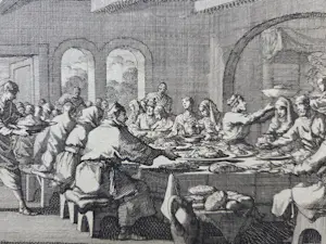 Jan Luyken - Twee gravures. Liefdesmaaltijd. Begraven der Laplanders.. kopen? Bied vanaf 20!