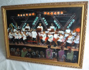 Niet of onleesbaar gesigneerd - Groot , ingelijst acrylverf op doek , Het concert – 1998 - 81 x 111 cm kopen? Bied vanaf 1!