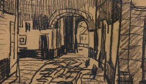 Suze Robertson - Krijttekening, Straatje in Zierikzee - Ingelijst kopen? Bied vanaf 350!