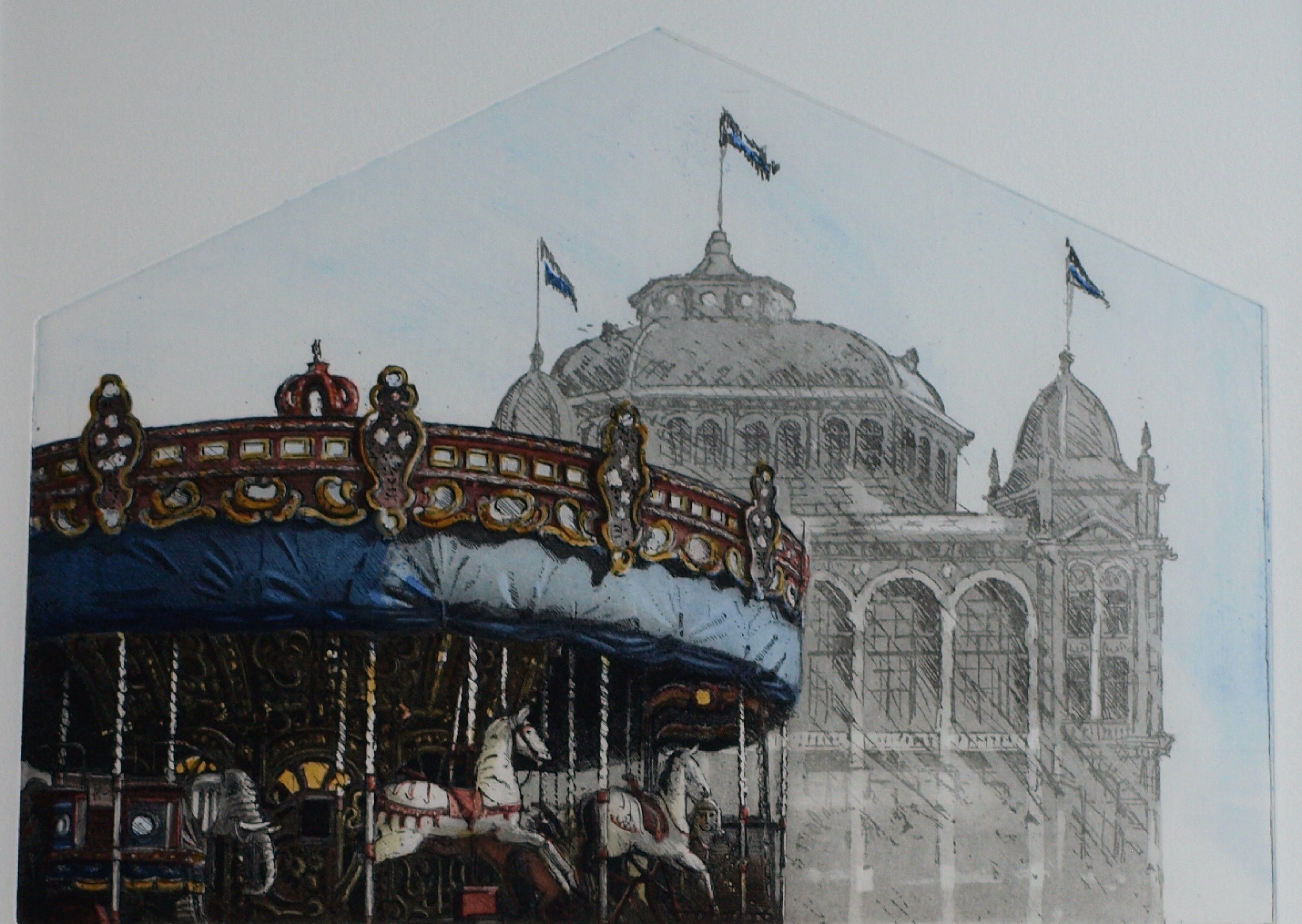Wim Bettenhausen - Ets , Carousel bij Kurhaus , Scheveningen – ingelijst – 1995 verkocht voor € 75!