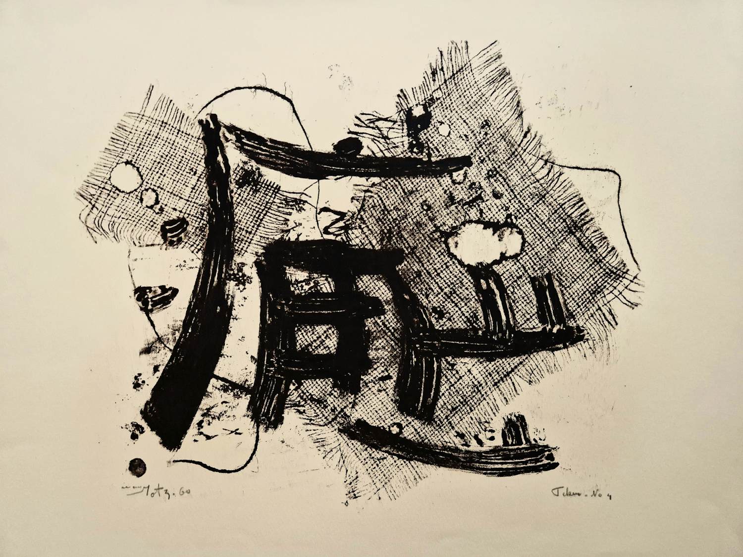 Wim Motz - Grote 1960 monochrome litho - abstracte compositie - E.A. exemplaar gesigneerd verkocht voor € 40!