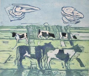 Luuk Scholten - Grote lino "Landschap met koeien" kopen? Bied vanaf 25!