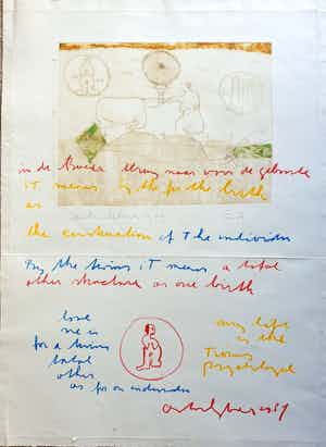 Anton Heyboer - In de Boeda terug van voor de geboorte....- 1984 - Ets plus krijt - groot! verkocht voor € 250!
