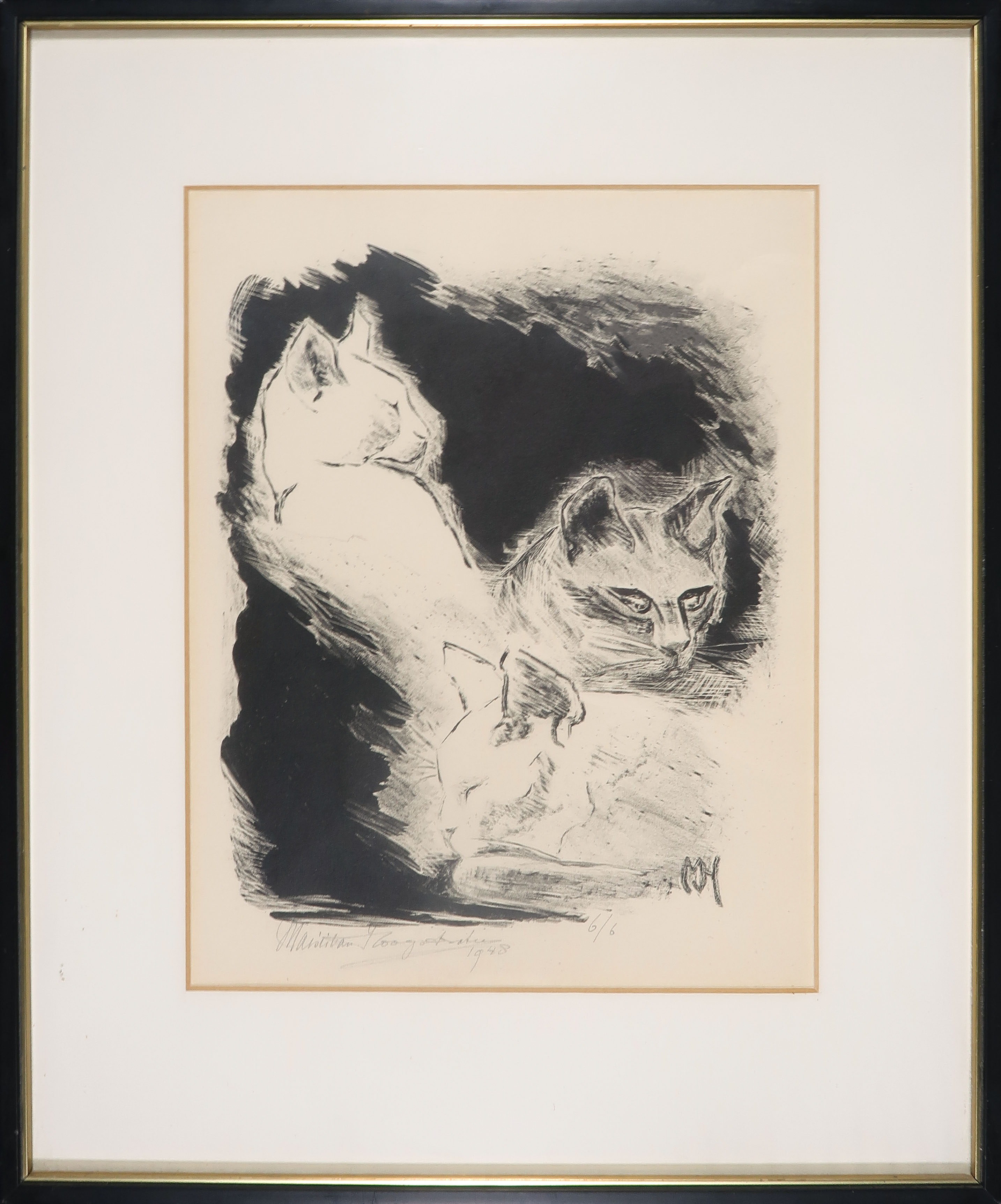 Maria van Hoogstraten - Litho, Drie poezen - Ingelijst verkocht voor € 35!