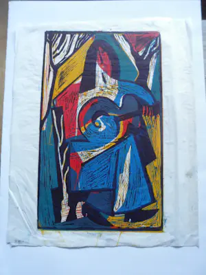 Piet Wiegman (II) - Houtsnede. Vrouw met gitaar. kopen? Bied vanaf 40!