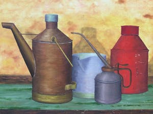 Niet of onleesbaar gesigneerd - Lot van 2 schilderijen | Stillevens met oliekannen kopen? Bied vanaf 1!