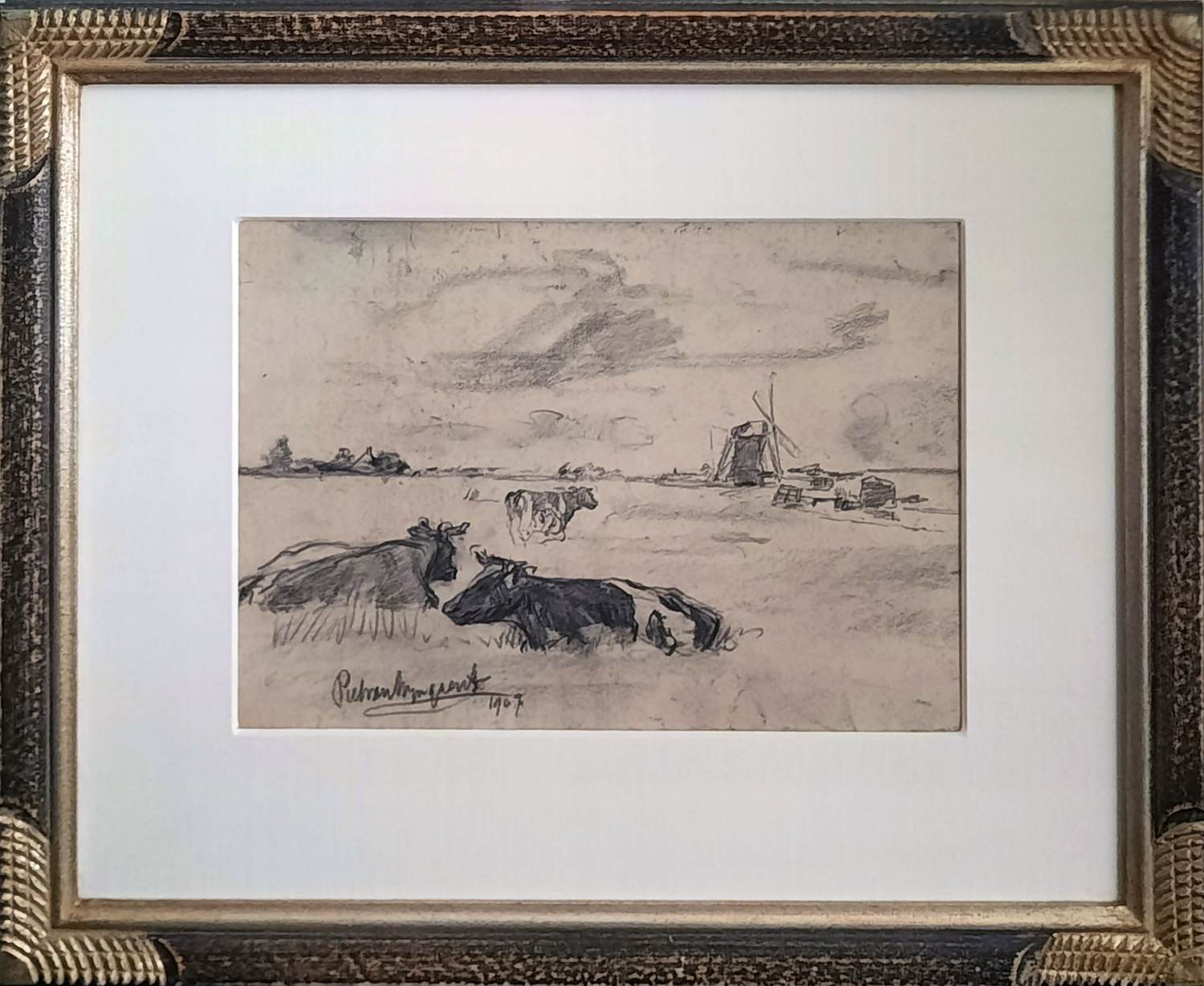 Piet van Wijngaerdt - potloodtekening - Koeien in Hollands landschap - INGELIJST - 25688 kopen? Bied vanaf 185!