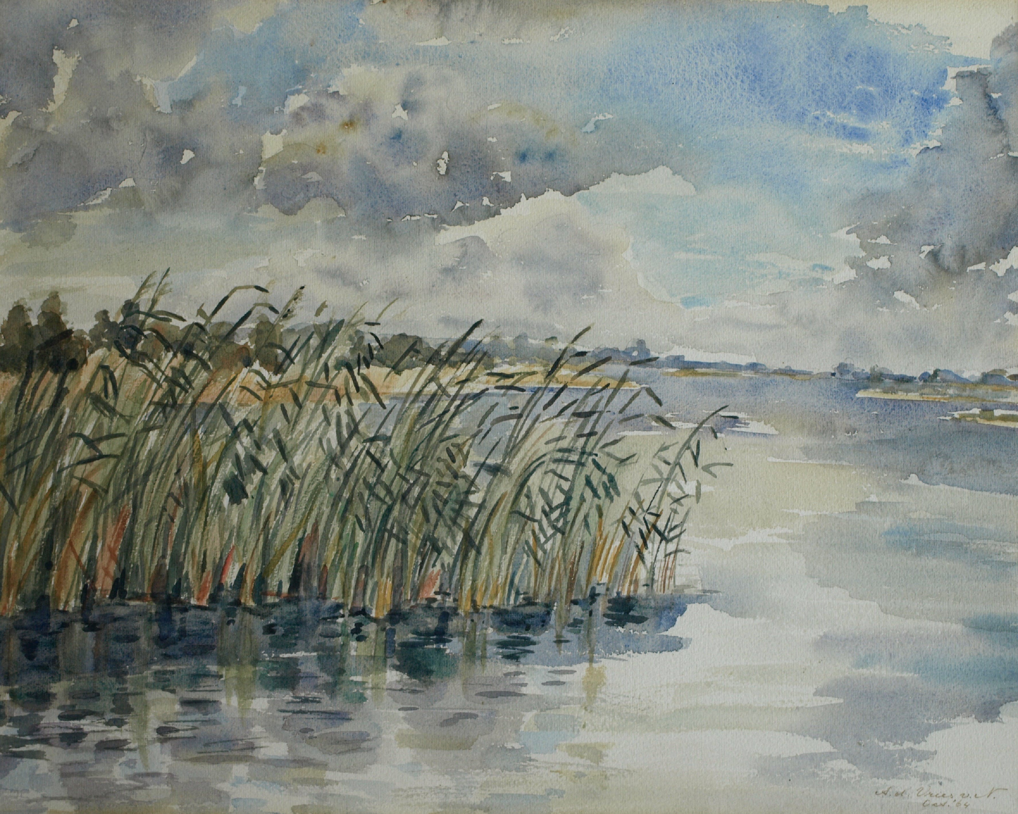 Niet of onleesbaar gesigneerd - Aquarel , Rietkraag – Watergezicht - gesigneerd & ingelijst – 1964  kopen? Bied vanaf 1!
