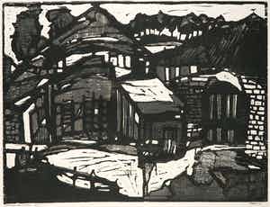 Fon Klement - Houtsnede, Landschap met hooimijt verkocht voor € 150!