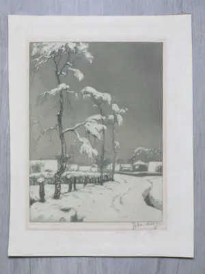 Johan Meijer - Landweg met boerderijen in de sneeuw - Ets kopen? Bied vanaf 40!