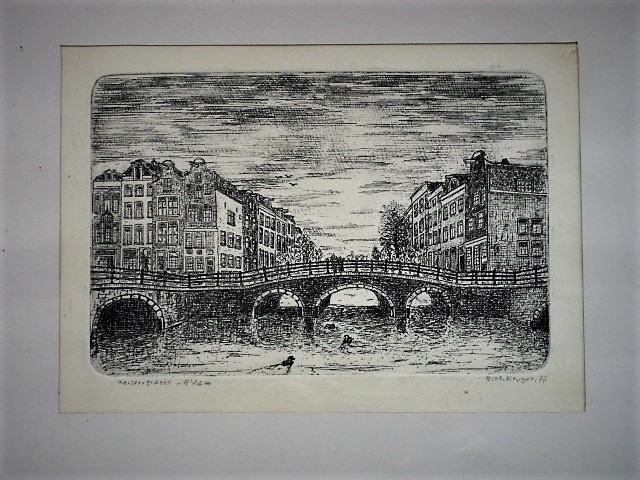 Niet of onleesbaar gesigneerd - gesigneerde Ets "Amsterdam Keizersgracht" j.h. Kruger 1977 kopen? Bied vanaf 1!