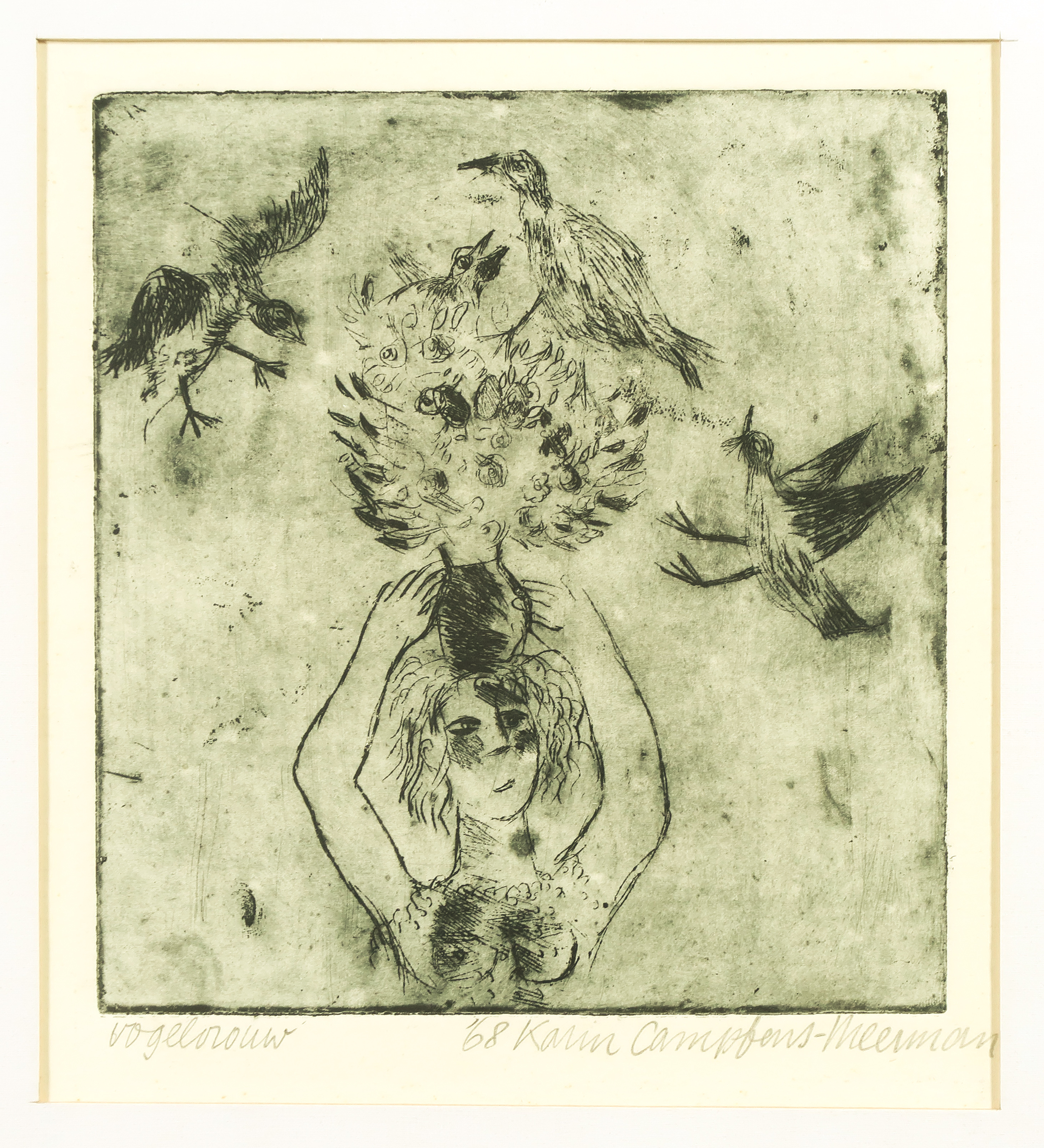 Karin Campfens - Ets en aquatint, Vogelvrouw - Ingelijst kopen? Bied vanaf 1!