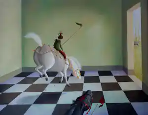 AcheterSuzan Visser - Ingelijste olieverf op paneel: 'paardensprong' - 1998? Enchérissez de 799!