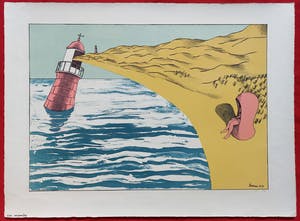 Hannes Postma - Vuurtoren en vrouw in strandstoel, litho kopen? Bied vanaf 50!
